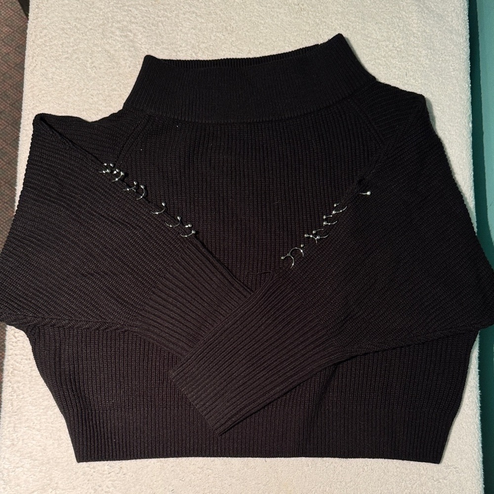 Kendall & Kylie Black Ribbed Boat Neck Sweater with Piercings - Women
